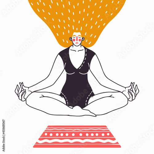 Young woman with closed eyes sitting cross legged on floor and meditating. Meditation, relaxation at home, spiritual practice, yoga and breathing exercise. Flat cartoon colorful vector illustration.