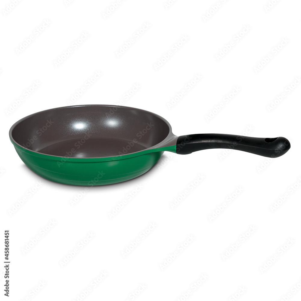 Green round frying pan without lid for cooking, kitchen utensils, utensils. Side view isolated on white Green round frying pan without lid for cooking, kitchen utensils, utensils. Side view isolated on white