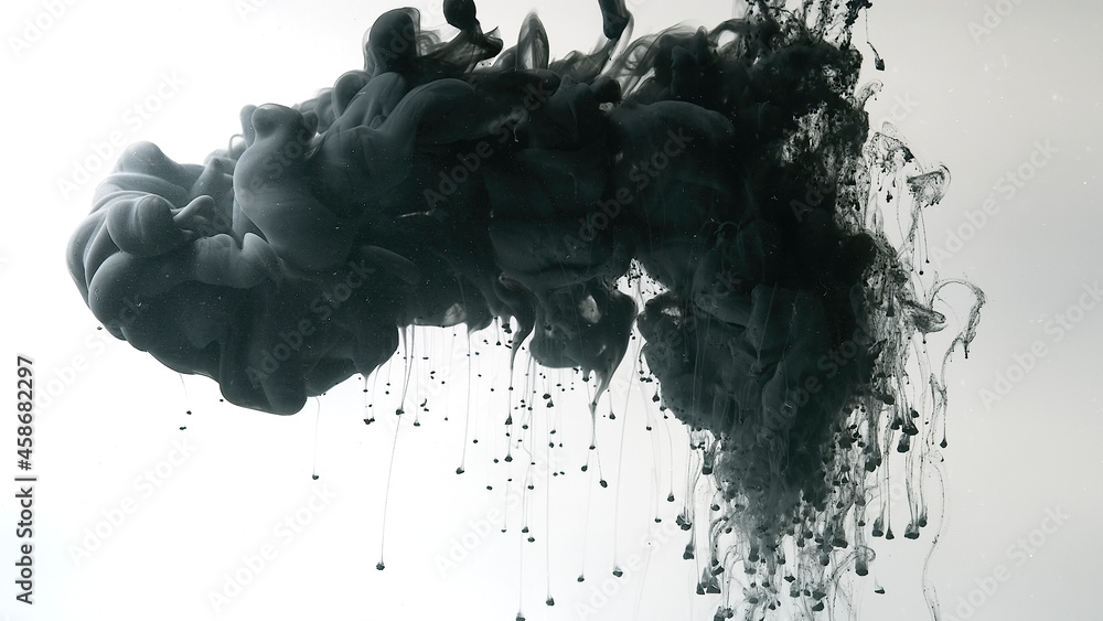 Obraz premium Awesome abstract background. Black cloud of ink on a white background. Drops of black ink in water. Cosmic star background. Environmental pollution concept.