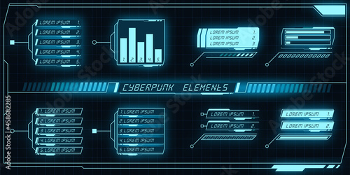 Scifi futuristic panel collection of HUD elements GUI VR UI design Cyberpunk neon glow retro style