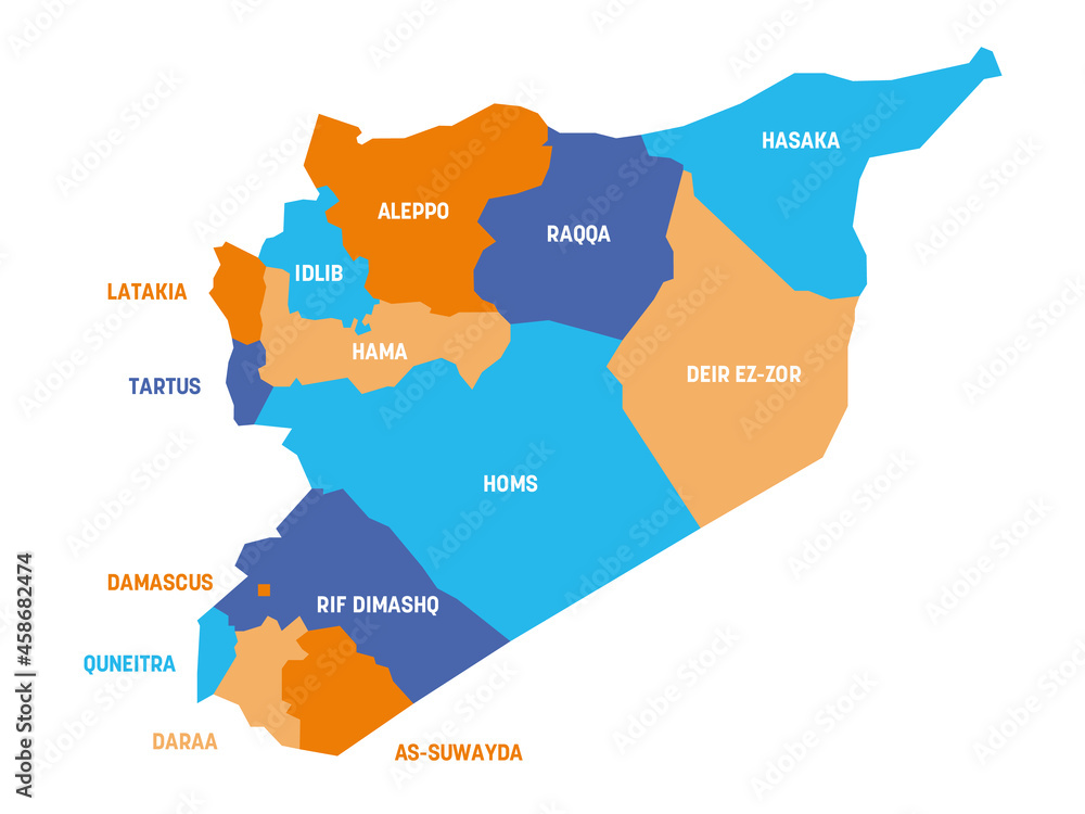 Colorful political map of Syria. Administrative divisions - governorates. Simple flat vector map with labels.