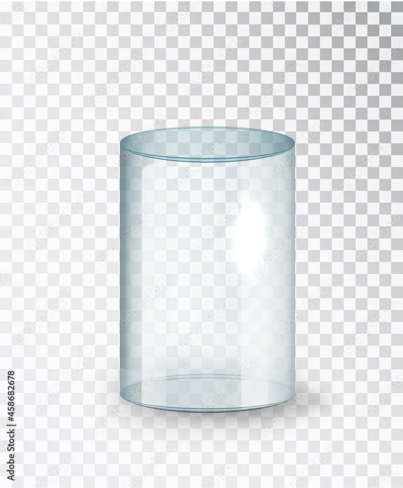 Glass cylinder. Empty transparent glass cylinder isolated on transparent background. Exhibit transparent display box. Realistic vector . - obrazy, fototapety, plakaty 