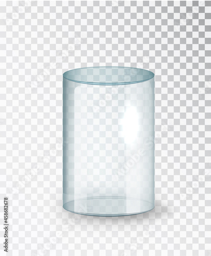 Glass cylinder. Empty transparent glass cylinder isolated on transparent background. Exhibit transparent display box. Realistic vector .