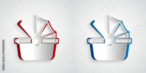 Paper cut Baby stroller icon isolated on grey background. Baby carriage, buggy, pram, stroller, wheel. Paper art style. Vector