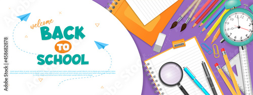 Back to school web banner template design with school items and elements.
