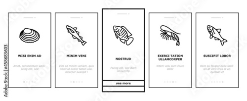 Commercial Fishing Aquaculture Onboarding Mobile App Page Screen Vector. Japanese Cockle And Anchovy, Common And Silver Carp, Rohu And Catle Fish,Yellowfin Tuna Fishing Business Illustrations