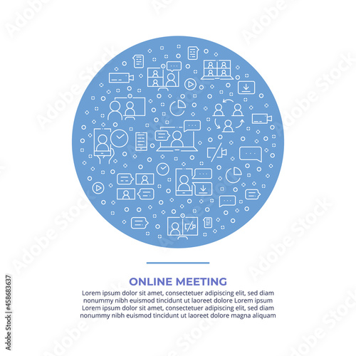 Online meeting circle concept made of thin line icons. Web conferencing, work from home, video communication, business process. Outline vector illustration for banner, poster, flyer or website