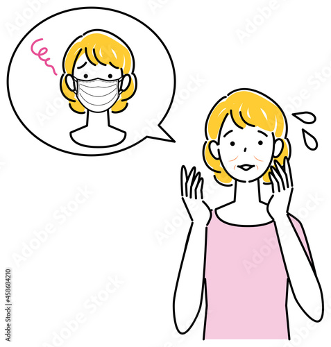 スキンケア マスクの着用が原因で顔のしわやたるみが出来た女性 イラスト シンプル ベクター