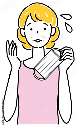 スキンケア マスクの着用が原因で顔のしわやたるみが出来た女性 イラスト シンプル ベクター