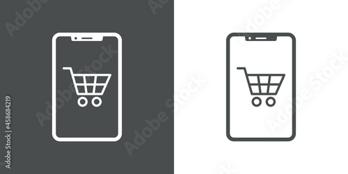 Logotipo con smartphone con silueta de carrito de la compra con lineas en fondo gris y fondo banco