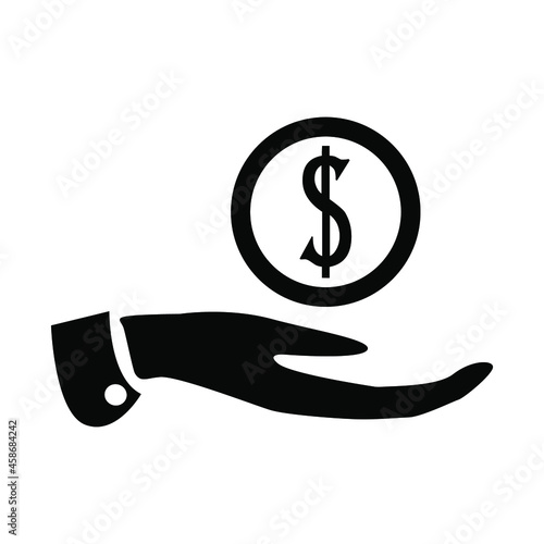 Hand and dollar sign, black on a white background, used for design, vector illustration