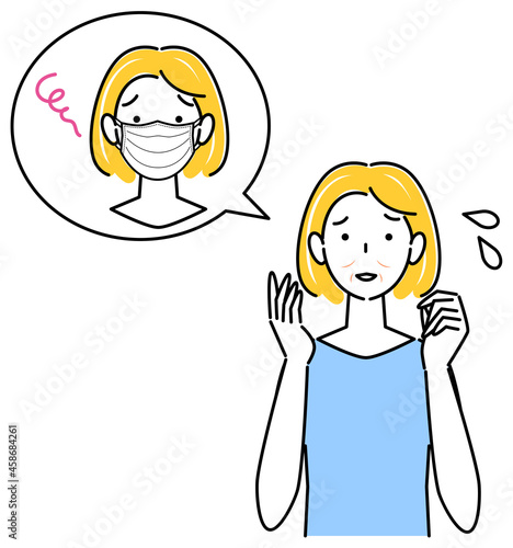 スキンケア マスクの着用が原因で顔のしわやたるみが出来た女性 イラスト シンプル ベクター