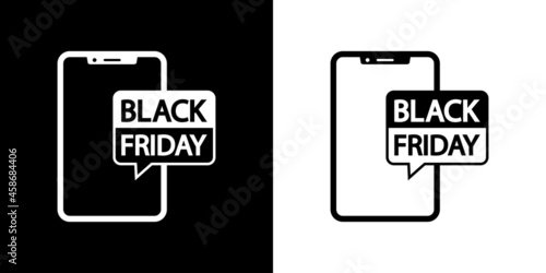 Logotipo con texto Black Friday en burbuja de habla en smartphone en fondo negro y fondo blanco