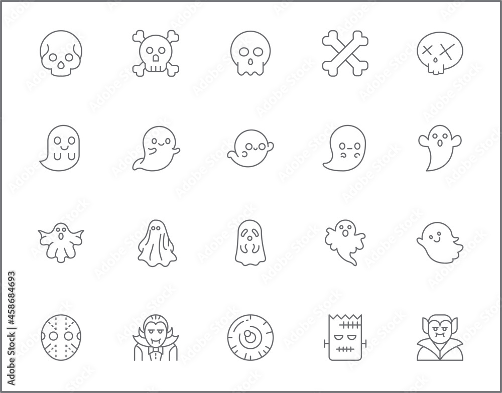 Set of Ghost and Halloween line style. It contains such as Frankenstein, Skeleton, Eyeball, spook, alien, boo and other elements. Set of Ghost and Halloween line style. It contains such as Frankenstein, Skeleton, Eyeball, spook, alien, boo and other elements.