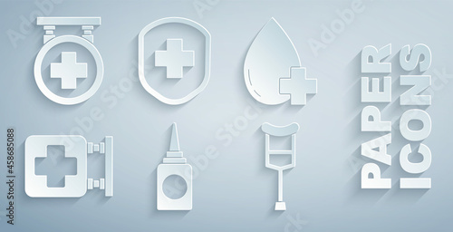 Set Bottle nasal spray, Donate drop blood with cross, Hospital signboard, Crutch or crutches, Medical shield and icon. Vector