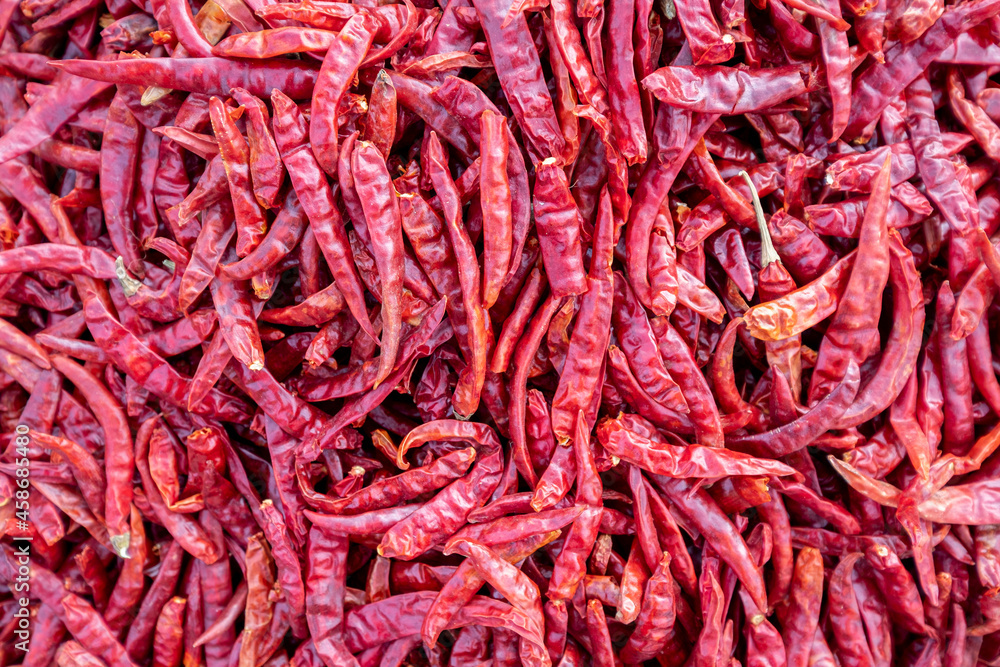 Fototapeta premium A prile of dried red chilli, closed up.