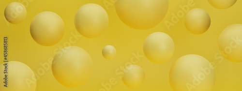 Yellow sphere bubbles on pastel background, 3d render. Realistic 3d illustration with flying balls. Abstract background