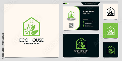 Eco house logo with line art style and business card design Premium Vector