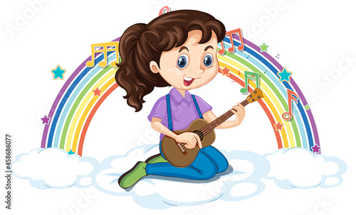 Girl playing guitar on the cloud with rainbow