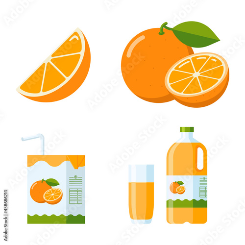 Fresh Orange Fruit and Juice Set. Flat Style collection: orange slice and whole fruit, orange juice packages (carton, glass, Plastic bottle). Premium vector