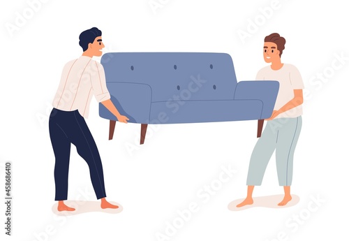 Happy people carrying new sofa together. Men holding and moving couch for furnishing home with modern furniture. Refurnishing concept. Flat vector illustration isolated on white background