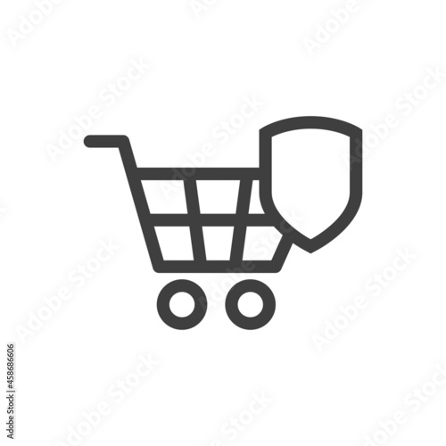 Compra segura. Logotipo con silueta de carrito de la compra con escudo con lineas en color gris