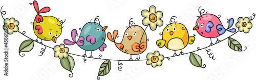 Funny little birds on rope of flowers and leaves

