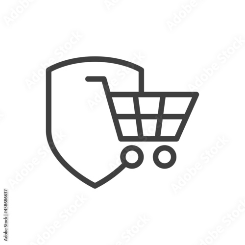 Compra segura. Logotipo con silueta de carrito de la compra con escudo con lineas en color gris