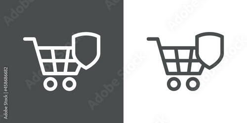 Compra segura. Logotipo con silueta de carrito de la compra con escudo con lineas en fondo gris y fondo banco