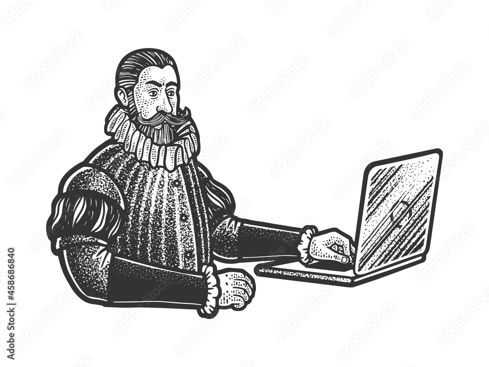 Αυτοκόλλητο medieval man nobleman with laptop sketch raster