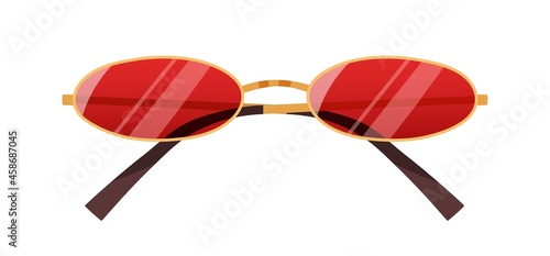 Fashion sunglasses with red oval lenses. Stylish vintage sun glasses with nar...