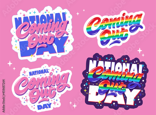 Stickers set for National Coming Out Day. Vector illustration. Design template celebration. Handwritten lettering.