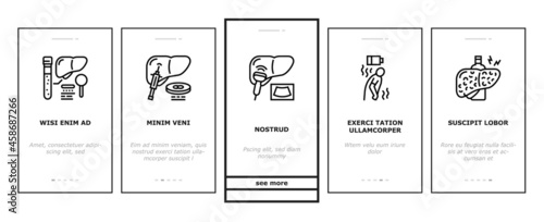 Hepatitis Liver Health Problem Onboarding Mobile App Page Screen Vector. Cirrhosis And Hepatitis Type, Pale Stool And Dark Urine, Ultrasound And Biopsy, Abdominal Pain And Vaccination Illustrations