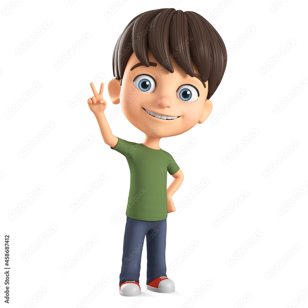 Character cartoon little boy in a green t-shirt showing the peace of the world. 3d render illustration. Character cartoon little boy in a green t-shirt showing the peace of the world. 3d render illustration.