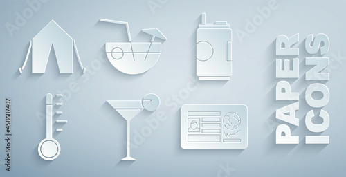 Set Martini glass, Soda can, Meteorology thermometer, Passport with visa stamp, Coconut cocktail and Tourist tent icon. Vector