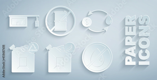Set Bio fuel canister, Oil exchange, Eco, No oil drop, barrel for gasoline and Gas filling station icon. Vector