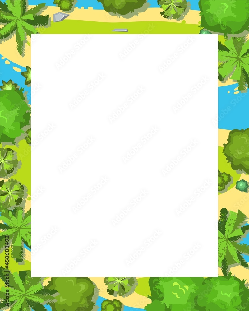 Glade in the forest. Frame with place for text. Trees and shrubs. River. View from above. Plant landscape. Top view. Height. Illustration in cartoon style. Isolated on white background Vector