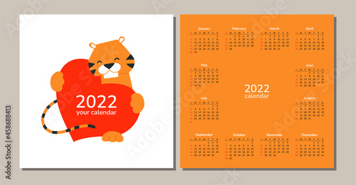 Square desk table wall calendar 2022. Happy New Year. Tiger. Chinese horoscope. Vector isolated cartoon illustration of tiger with red heart. Love and care. Romantic design template. Valentines Day