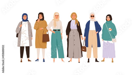 Arab Muslim women in modern apparel and headwear. Group portrait of Arabian females in casual fashion clothing and traditional headscarf, hijab. Flat vector illustration isolated on white background