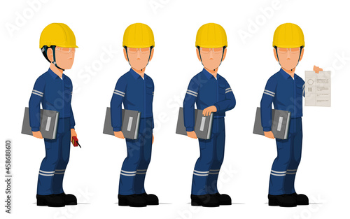 Set of industrial worker with the document file on white background