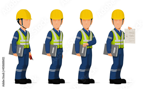Set of industrial worker with the document file on white background