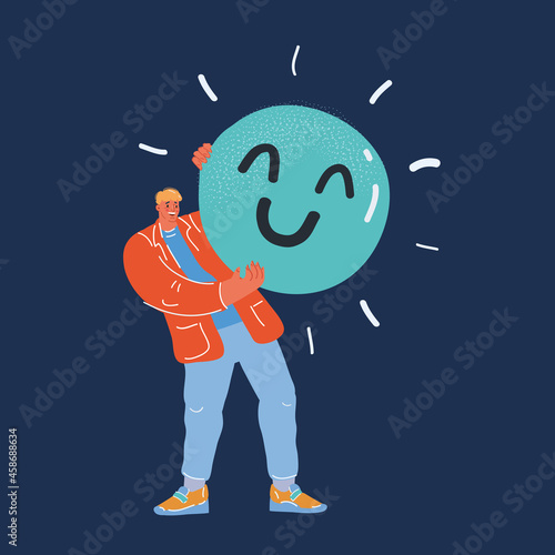 Vector illustration happy smile. Angry man hold big icon in his hands over dark backround.