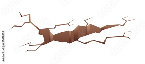 Cracked ground with damaged land surface. Clefts and fissures in broken destroyed earth after earthquake. 3d geological split and hole. Realistic flat vector illustration isolated on white background