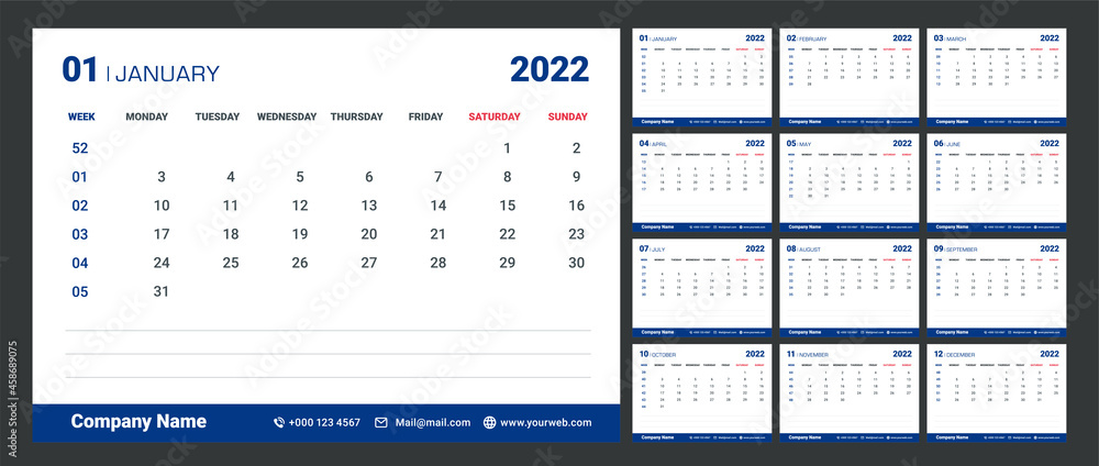 Modern minimal Calendar with week numbers for 2022.Memo Space. Modern minimal Calendar with week numbers for 2022.Memo Space.