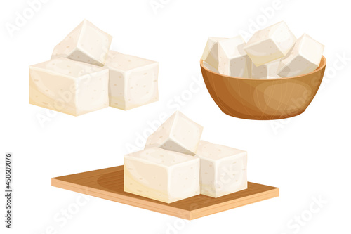 Set tofu pieces in wooden bowl, on cutting desk in cartoon style isolated on white background. Vegetarian nutrition ingredient, healthy food. Cold tofu in cup. Traditional cuisine.