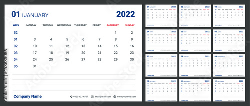 Modern minimal Calendar with week numbers for 2022.Memo Space.