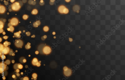Gold bokeh on isolated transparent background. Light effect png, blurred bokeh png, christmas background. Magic glow, radiance.