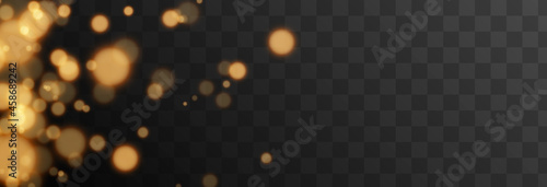 Gold bokeh on isolated transparent background. Light effect png, blurred bokeh png, christmas background. Magic glow, radiance.