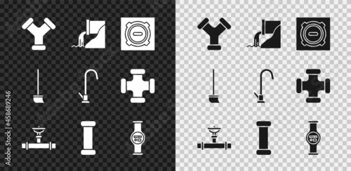 Set Industry metallic pipe, Wastewater, Manhole sewer cover, and valve, Water meter, Mop and tap icon. Vector