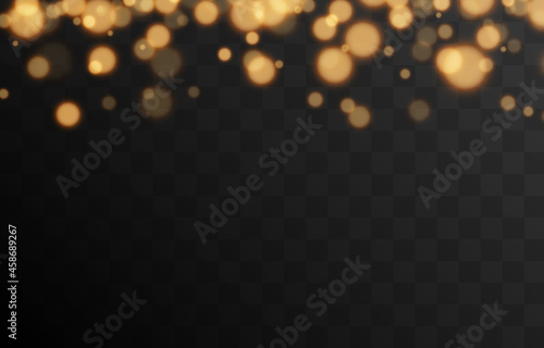 Gold bokeh on isolated transparent background. Light effect png, blurred bokeh png, christmas background. Magic glow, radiance.